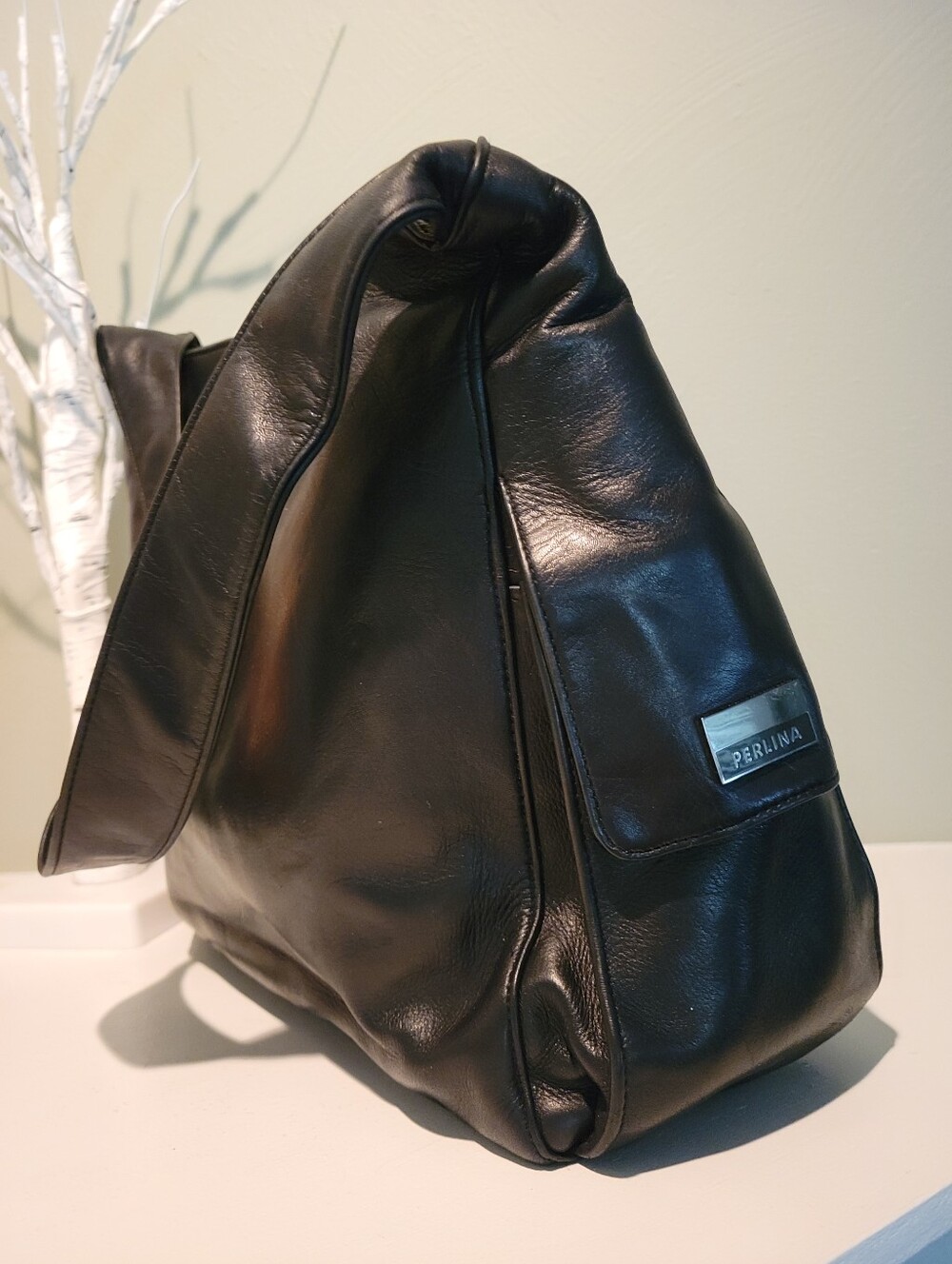 PERLINA New York Black Soft Leather Shoulder Bag With Side Pockets